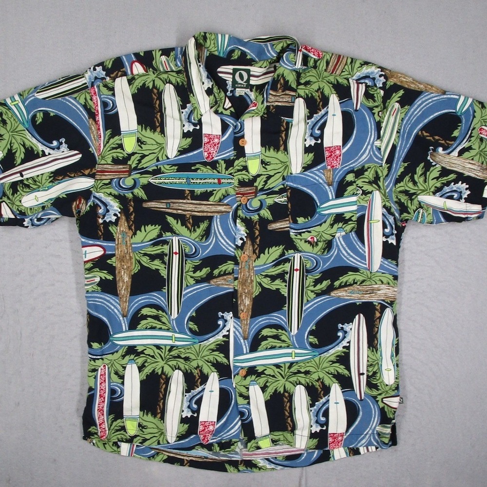Que Hawaiian Shirt Mens XL Blue Surfboard Button Up Loop Collar Made in USA
